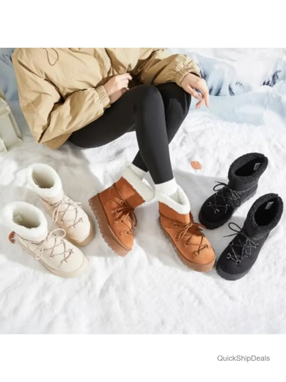 Faux Suede Platform Snow Boots - Sherpa Lined Winter Ankle Boots